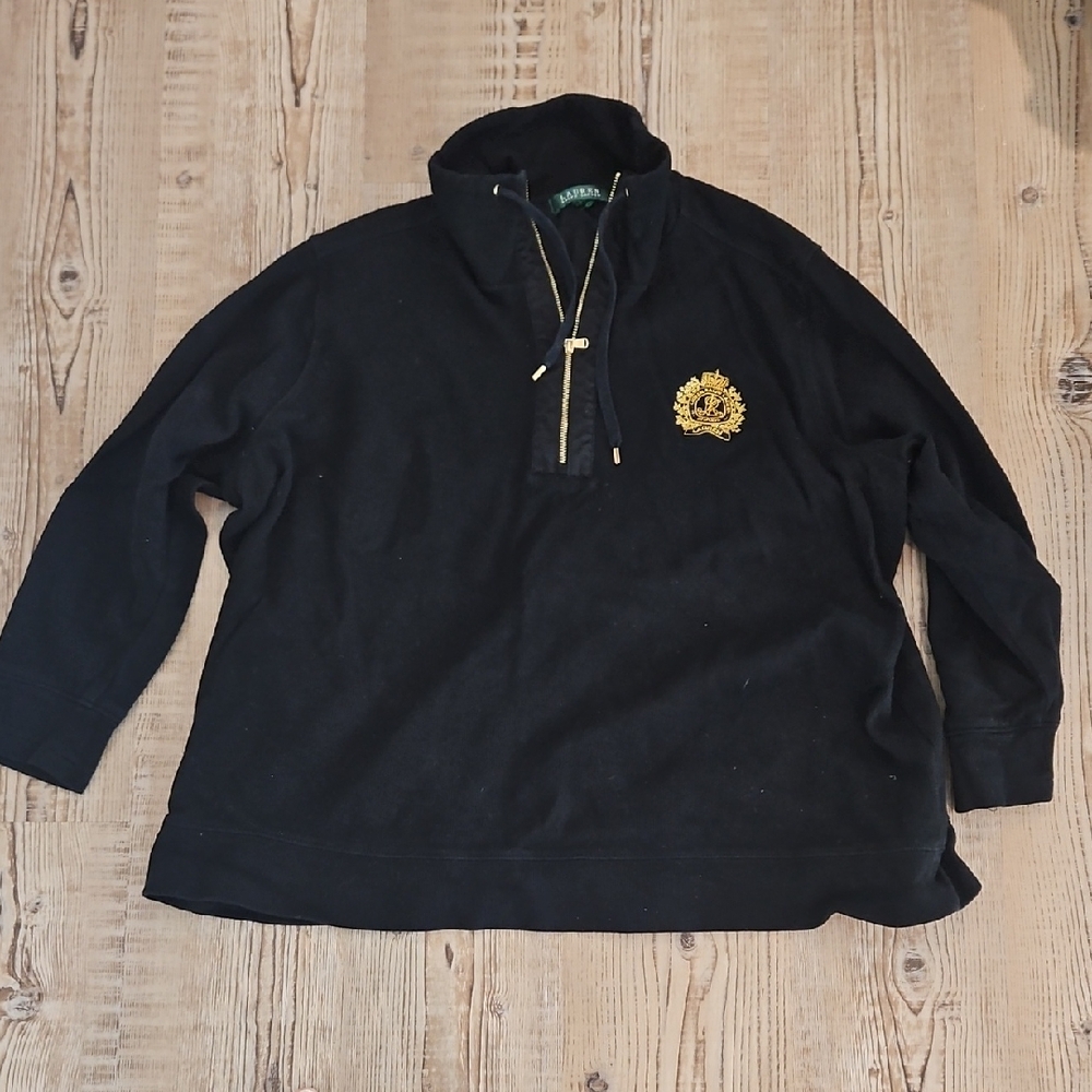 Lauren Ralph Lauren Emblem Crest Logo Patch Knit Zipper Black Ribbed PULLOVER M